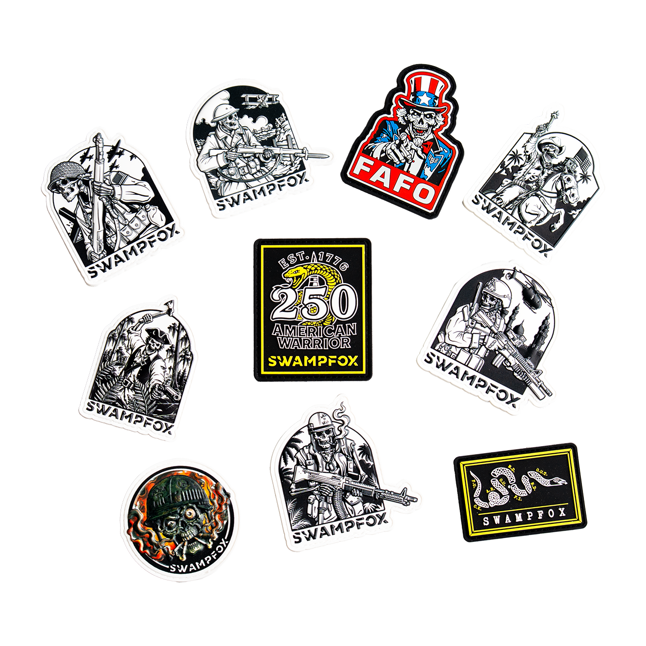 All American Warrior campaign PVC patches laid out